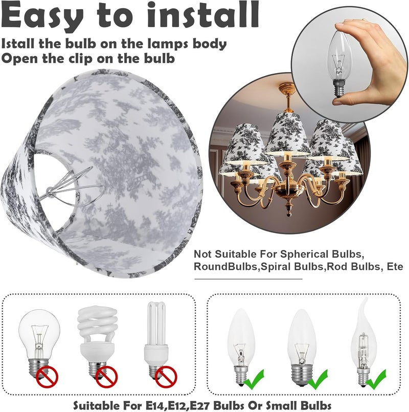 VIHOSE 6 Pcs 6 Pcs Chandelier Lamp Shades Small Chinoiserie Lamp Shade 3 x 6 x 5 Inch French Countryside Toile Clip Bulbs Lampshade for Wall Sconces Pendant Lighting (Black and White Crane) - Image 4